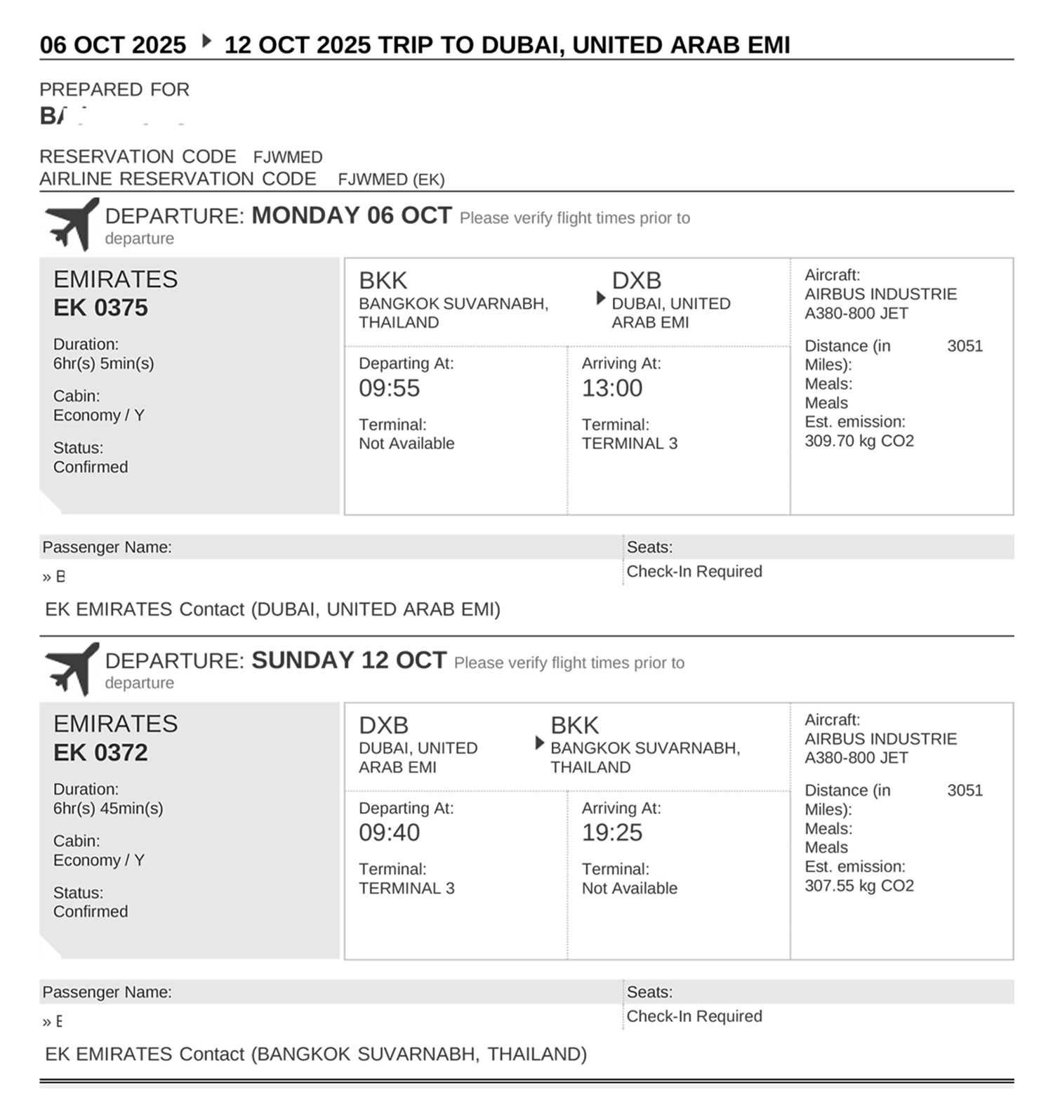 ตัวอย่างใบจองตั๋วเครื่องบิน Emirates