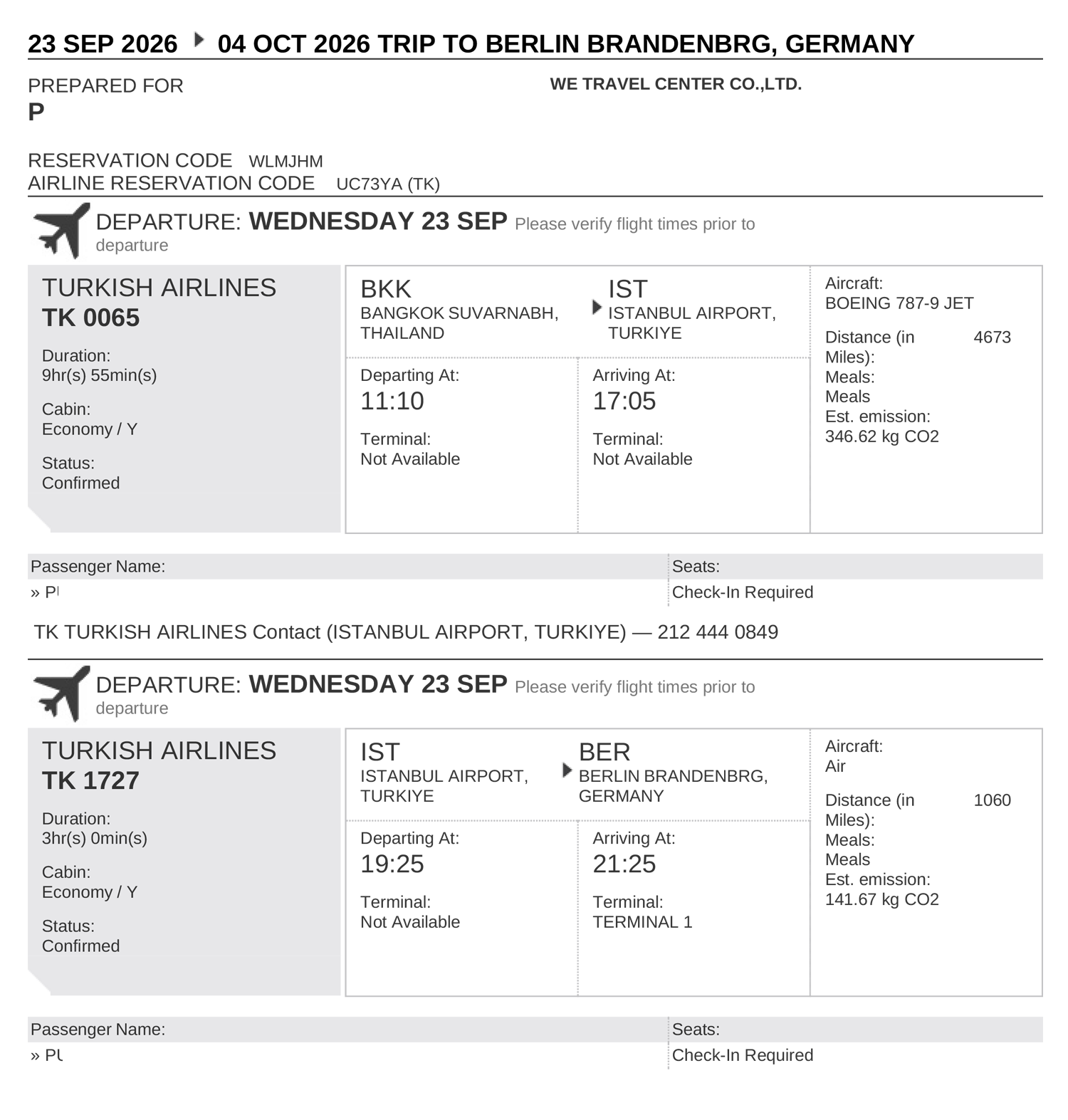 ตัวอย่างใบจองตั๋วเครื่องบิน Turkish Airlines